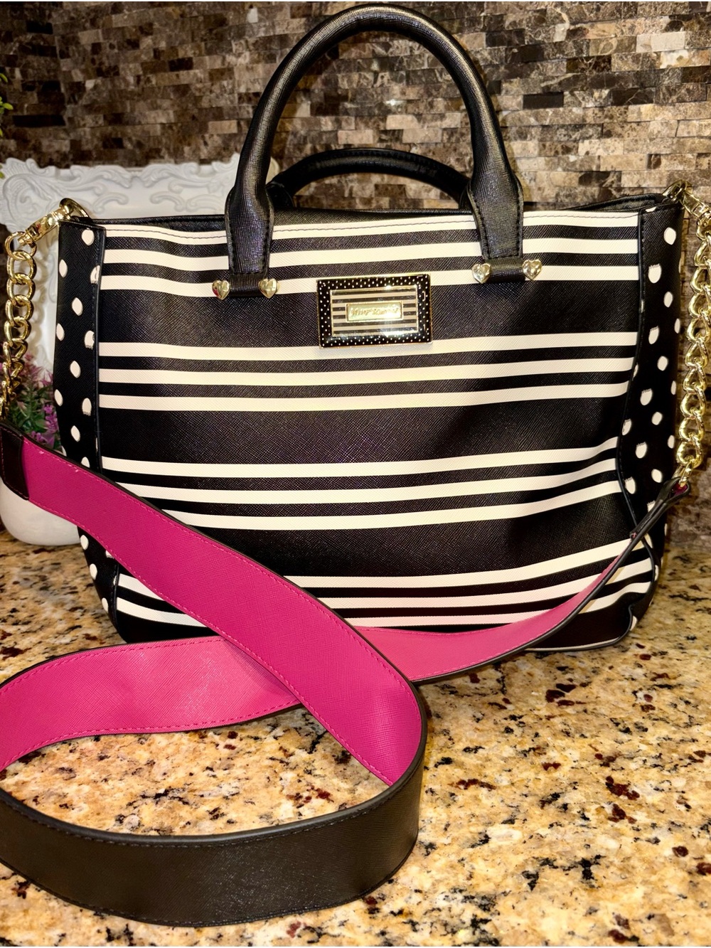 Betsey Johnson Black and White Striped Satchel with Pink Strap